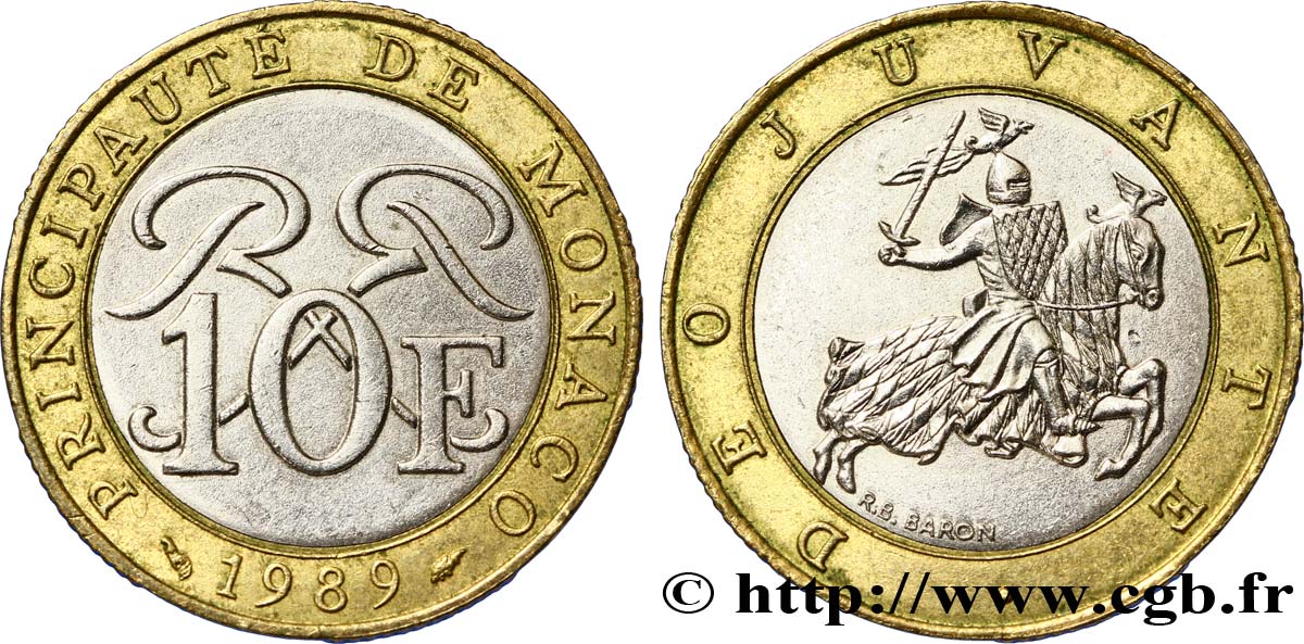 MONACO 10 Francs monogramme de Rainier III / chevalier en armes 1989 Paris SUP 