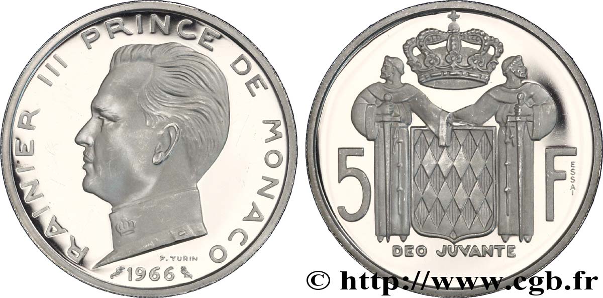 MONACO Essai de 5 Francs Proof (BE) en argent Rainier III 1966 Paris SUP 