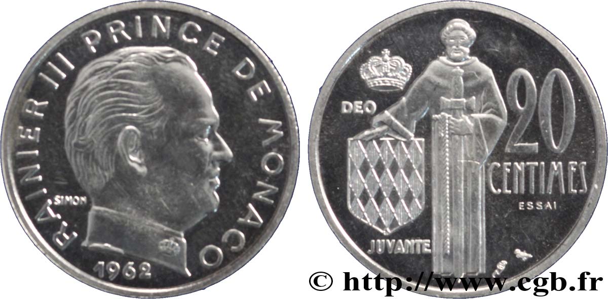 MONACO Essai de 20 Centimes argent prince Rainier III de Monaco 1962 Paris SPL 