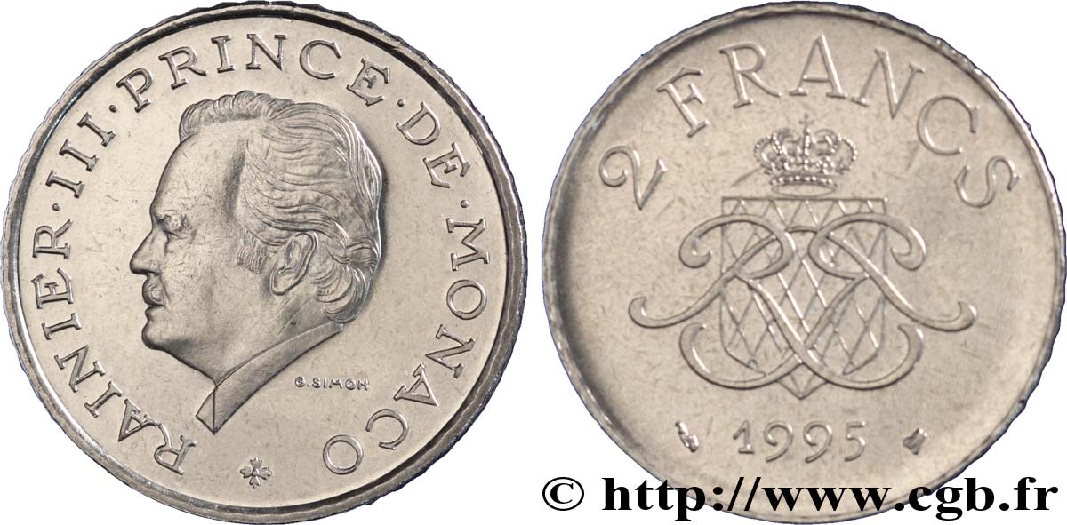 MONACO 2 Francs Rainier III / écu et monogramme couronnés 1995 Paris SPL 