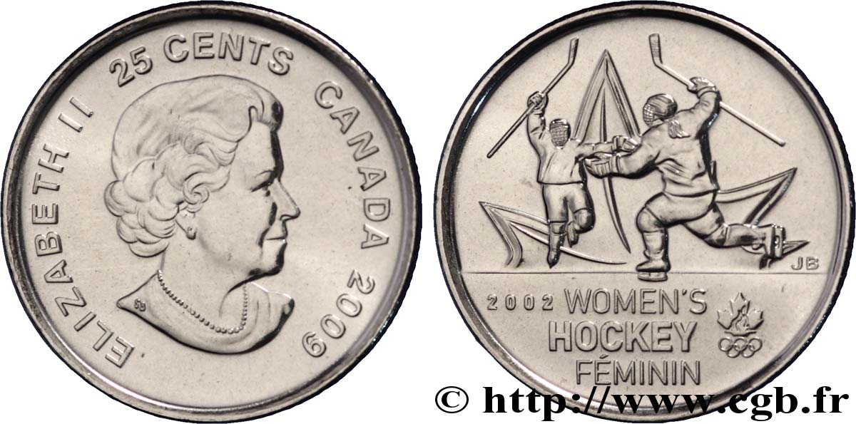 CANADA 25 Cents J.O. d’hiver Vancouver 2010:  Elisabeth II / hockey féminin 2009  MS 