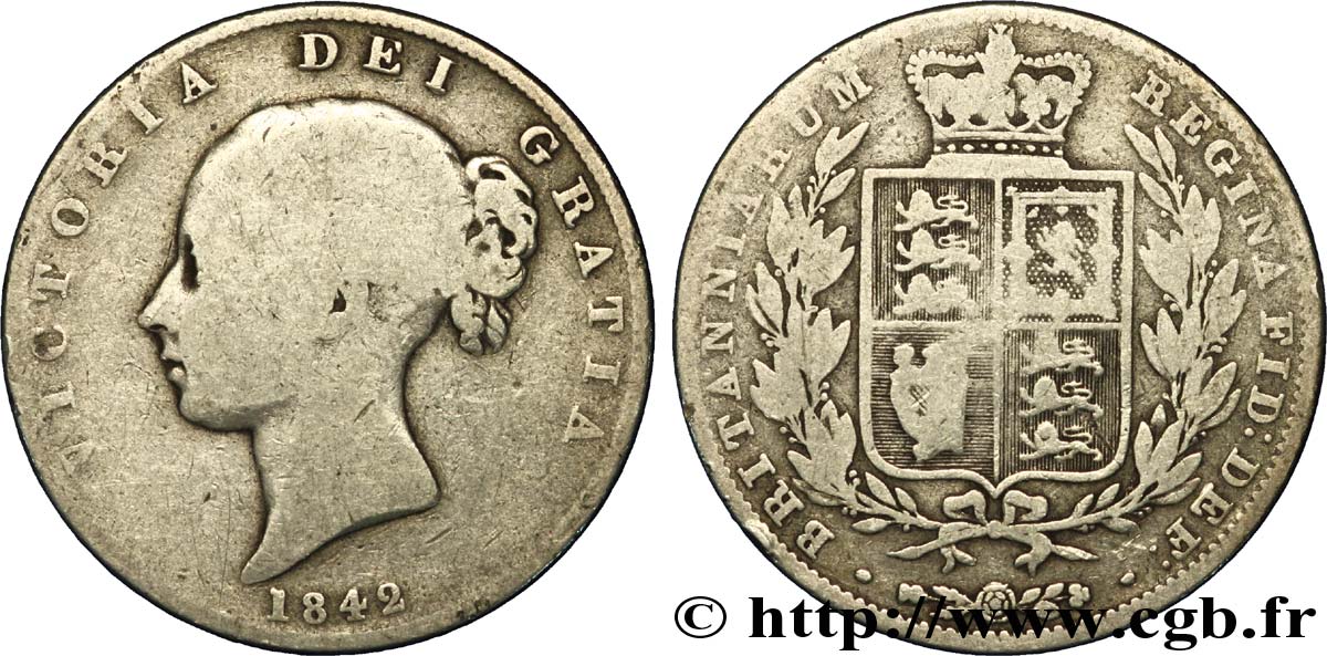 ROYAUME-UNI 1/2 Crown Victoria tête jeune / armes couronnées 1842  B+ 