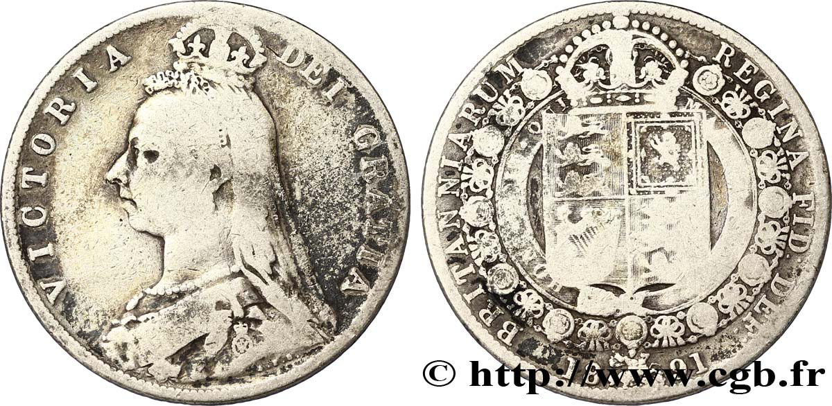 ROYAUME-UNI 1/2 Crown Victoria buste du jubilé 1891  TB 