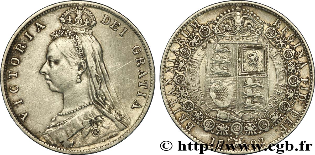 ROYAUME-UNI 1/2 Crown Victoria buste du jubilé 1892  TTB 