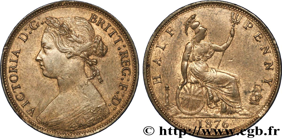 ROYAUME-UNI 1/2 Penny Victoria “Bun Head” 1876 Heaton - H TTB 