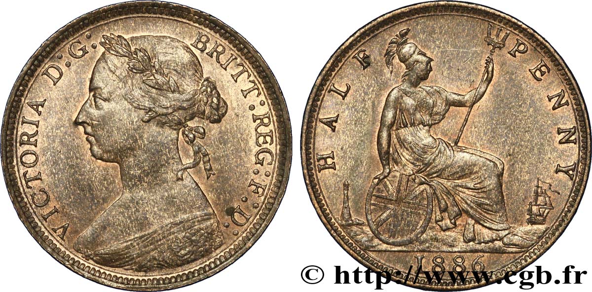 ROYAUME-UNI 1/2 Penny Victoria “Bun Head” 1886  TTB+ 