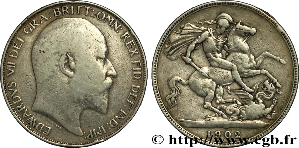 ROYAUME-UNI 1 Crown Edouard VII / St Georges terrassant le dragon, an II 1902  TB 