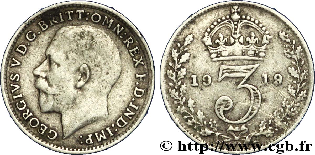ROYAUME-UNI 3 Pence Georges V / couronne 1919  TB+ 