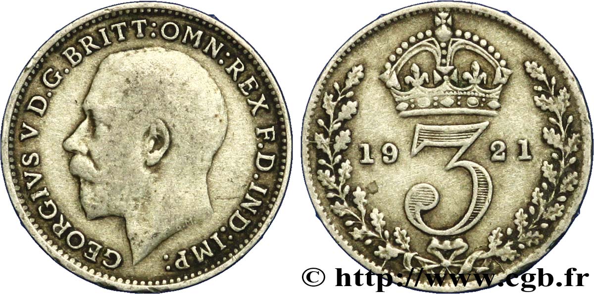 ROYAUME-UNI 3 Pence Georges V / couronne 1921  TB 