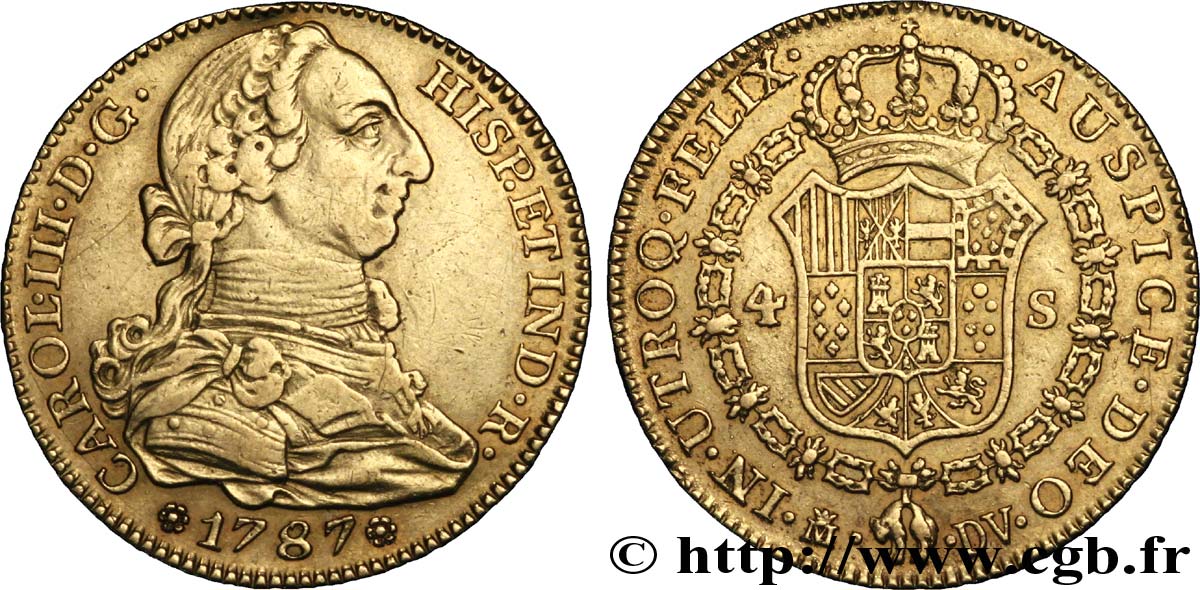 ESPAGNE 4 Escudos OR Charles IV 1787 Madrid TTB/TTB+ 