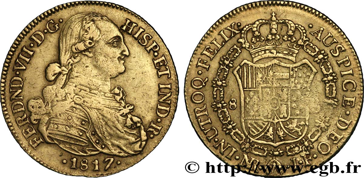 COLOMBIE 8 Escudos en or roi Ferdinand VII d’Espagne / écu écartelé  entouré du collier de l ordre de la Toison d or 1817 Nuevo Reino - NR (Bogota) TB+ 