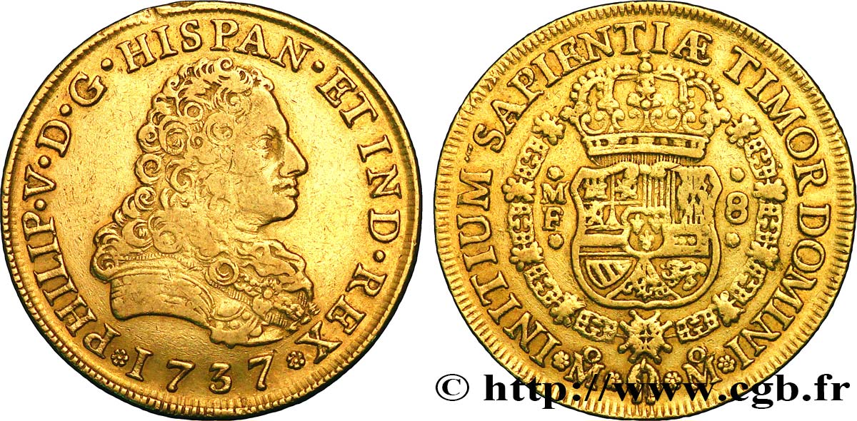 MEXICO 8 Escudos or Philippe V 1737 Mexico XF/AU 