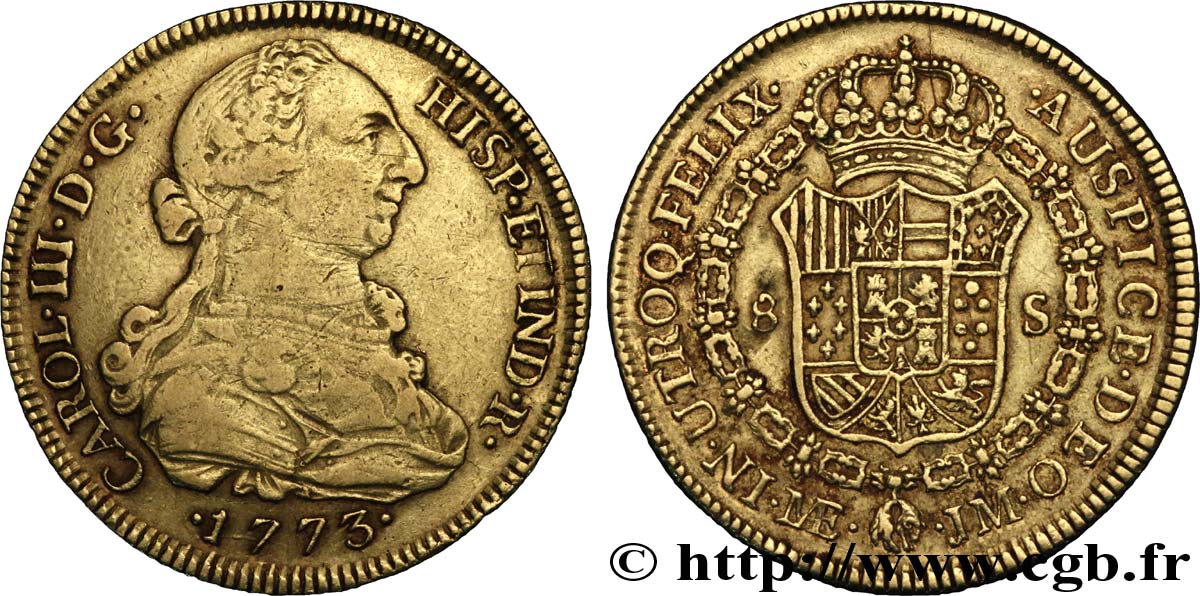 PÉROU 8 Escudos OR Charles III 1773 Lima TB+/TTB 