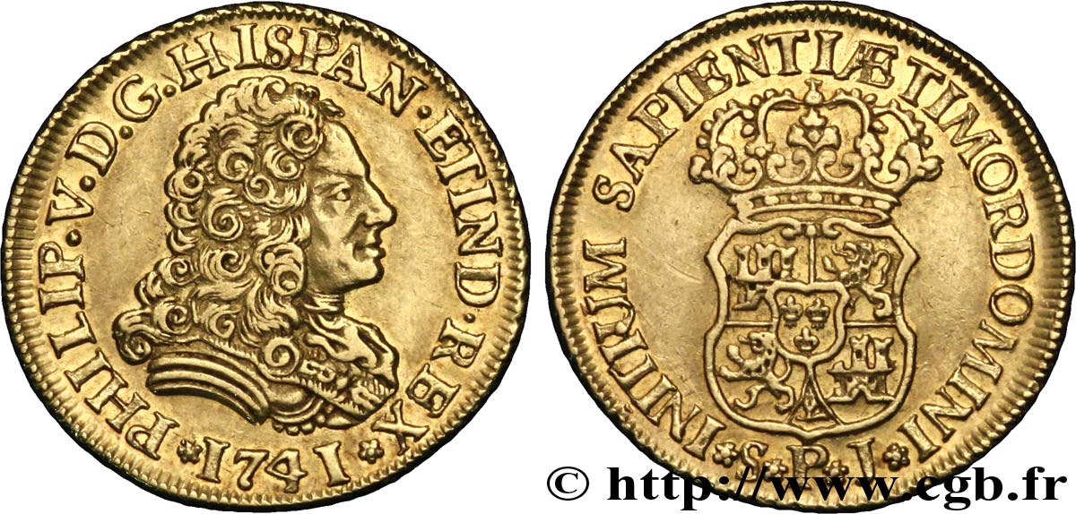 ESPAGNE 2 Escudos OR Philippe IV 1741 Séville TTB+/SUP 