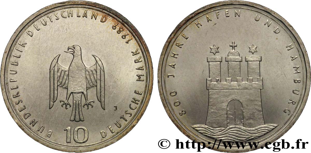 ALLEMAGNE 10 Mark aigle héraldique / 800e anniversaire du port de Hambourg 1989 Hambourg - J SPL 