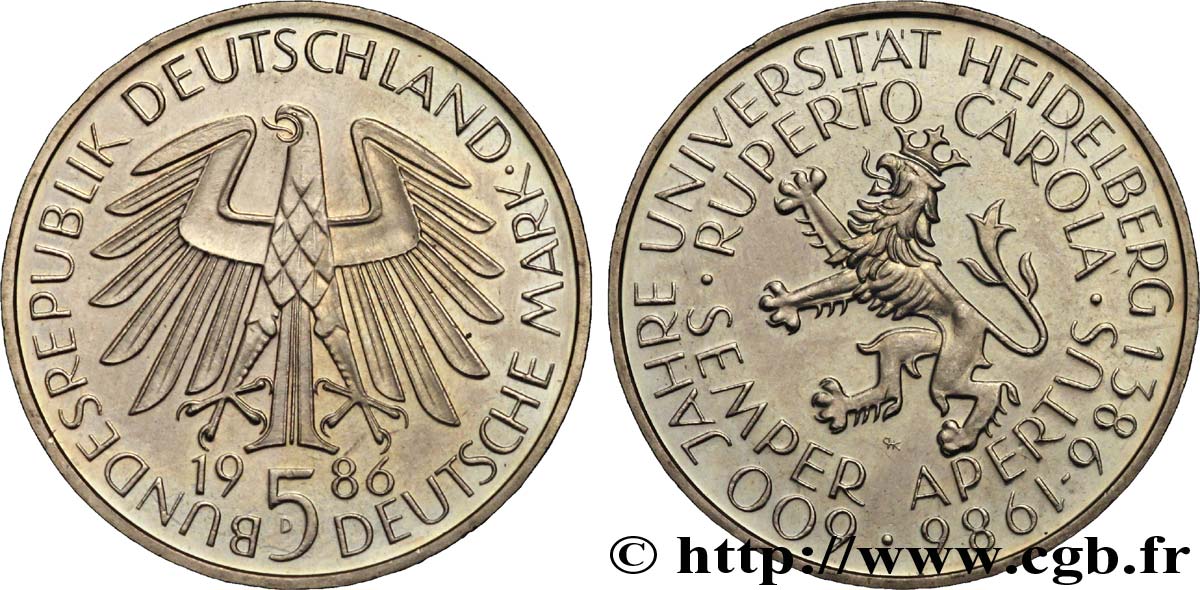 ALLEMAGNE 5 Mark aigle héraldique / 650e anniversaire de l’université d’Heidelberg 1986 Munich - D SPL 