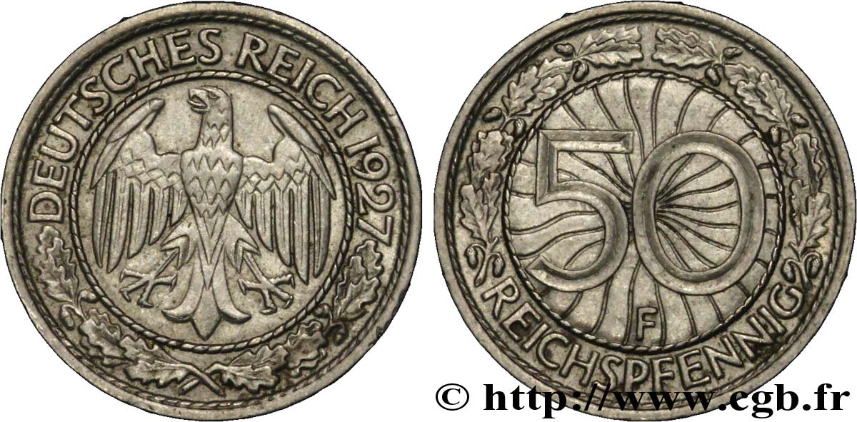 ALLEMAGNE 50 Reichspfennig aigle 1927 Stuttgart - F SUP 