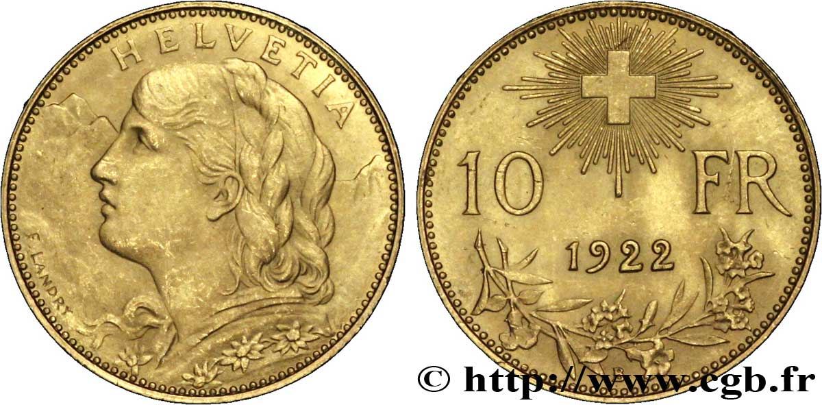 SUISSE 10 Francs or  Vreneli  1922 Berne TTB+ 