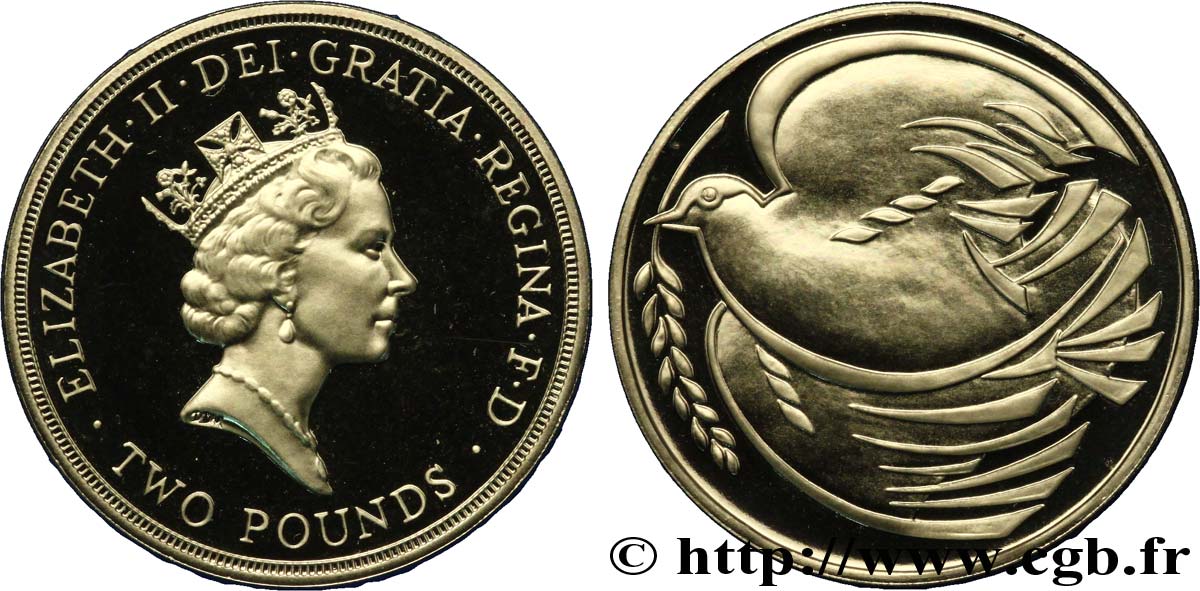 ROYAUME-UNI 2 Livres Proof 50e anniversaire de la fin de la seconde guerre mondiale : Elizabeth II / colombe 1995  FDC 