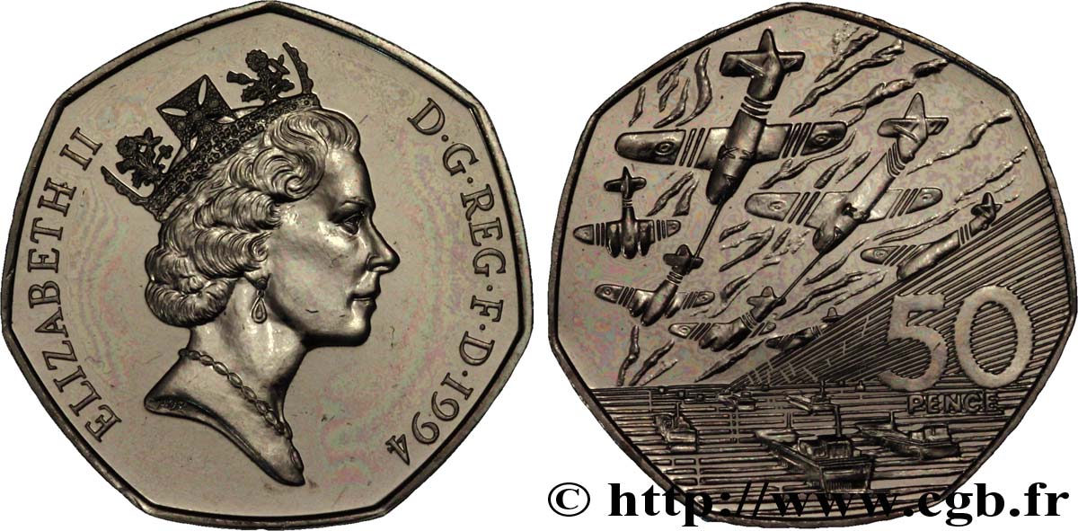 ROYAUME-UNI 50 Pence 50e anniversaire du débarquement en Normandie Elisabeth II / avions et navires 1994  FDC 
