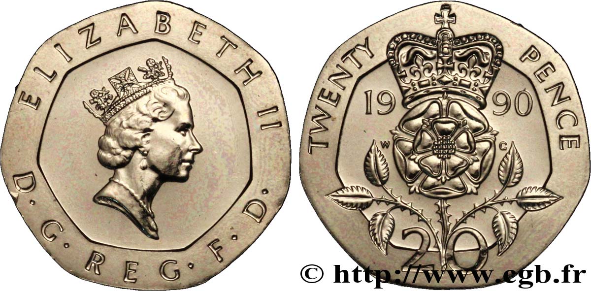 ROYAUME-UNI 20 Pence Elisabeth II / emblème à la rose 1990  FDC 