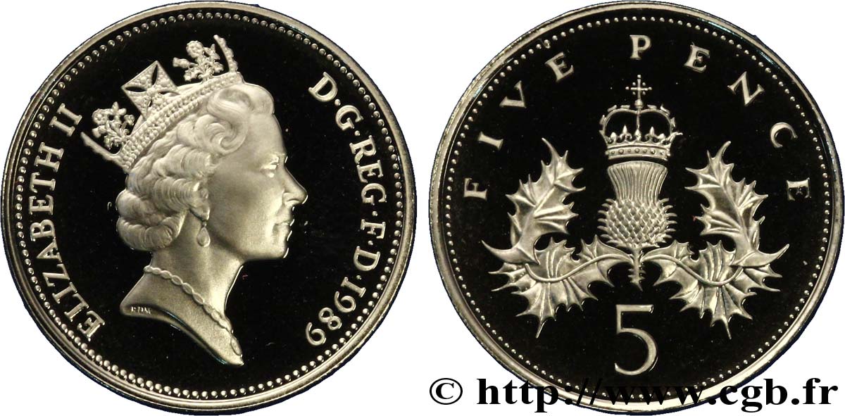 ROYAUME-UNI 5 Pence Proof Elisabeth II / chardon couronné 1989  FDC 