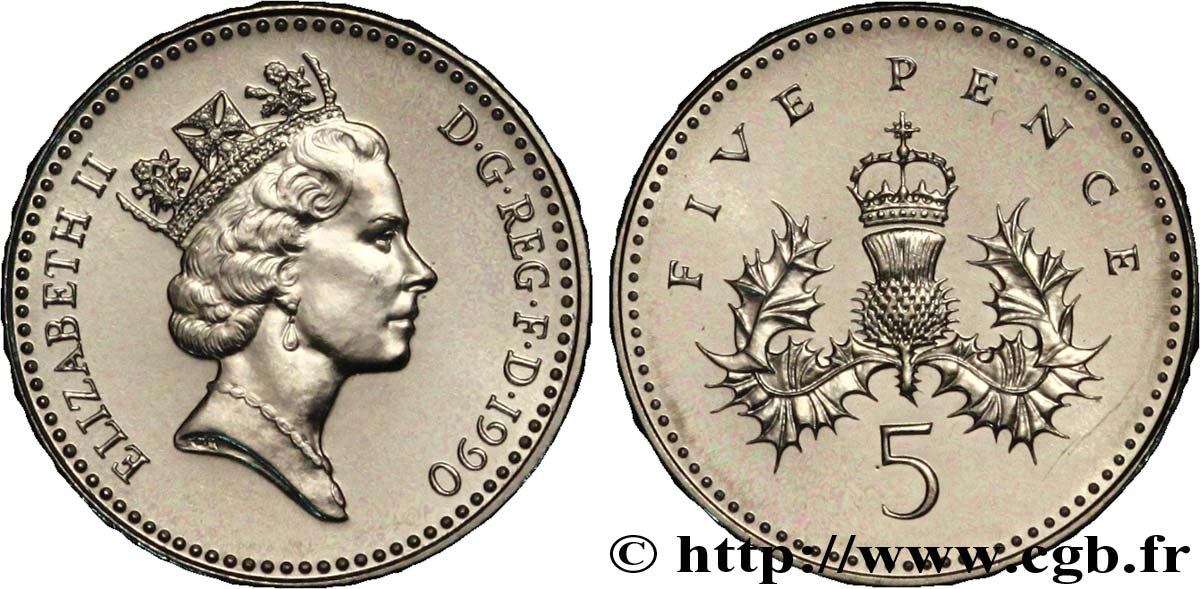 ROYAUME-UNI 5 Pence Elisabeth II / chardon couronné 1990  FDC 