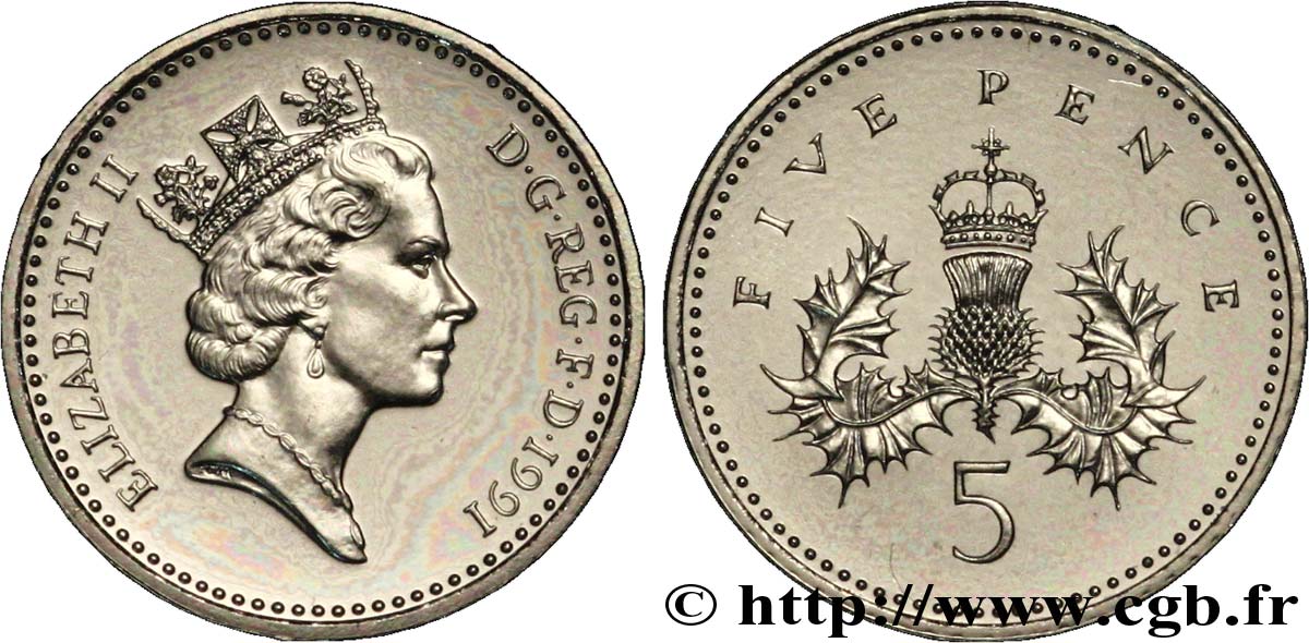 ROYAUME-UNI 5 Pence Elisabeth II / chardon couronné 1991  FDC 