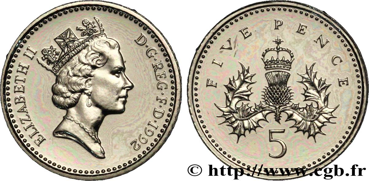 ROYAUME-UNI 5 Pence Elisabeth II / chardon couronné 1992  FDC 