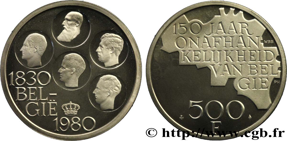 BELGIQUE 500 Francs Proof légende flamande 150e anniversaire de l’indépendance, portrait des 5 rois / carte de Belgique 1980 Bruxelles SPL 