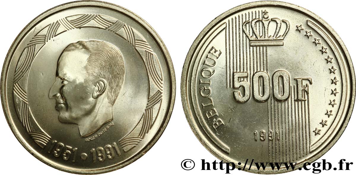 BELGIQUE 500 Francs Proof légende française 40 ans de règne du roi Baudouin 1991 Bruxelles SPL 