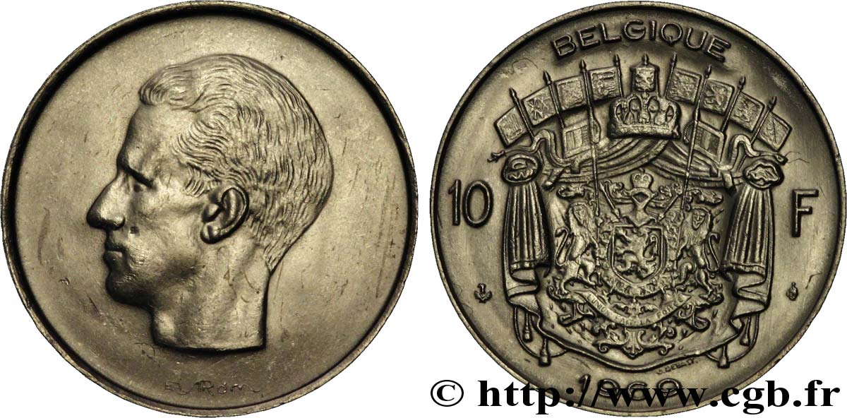 BELGIUM 10 Francs roi Baudouin légende française 1969 Bruxelles AU 