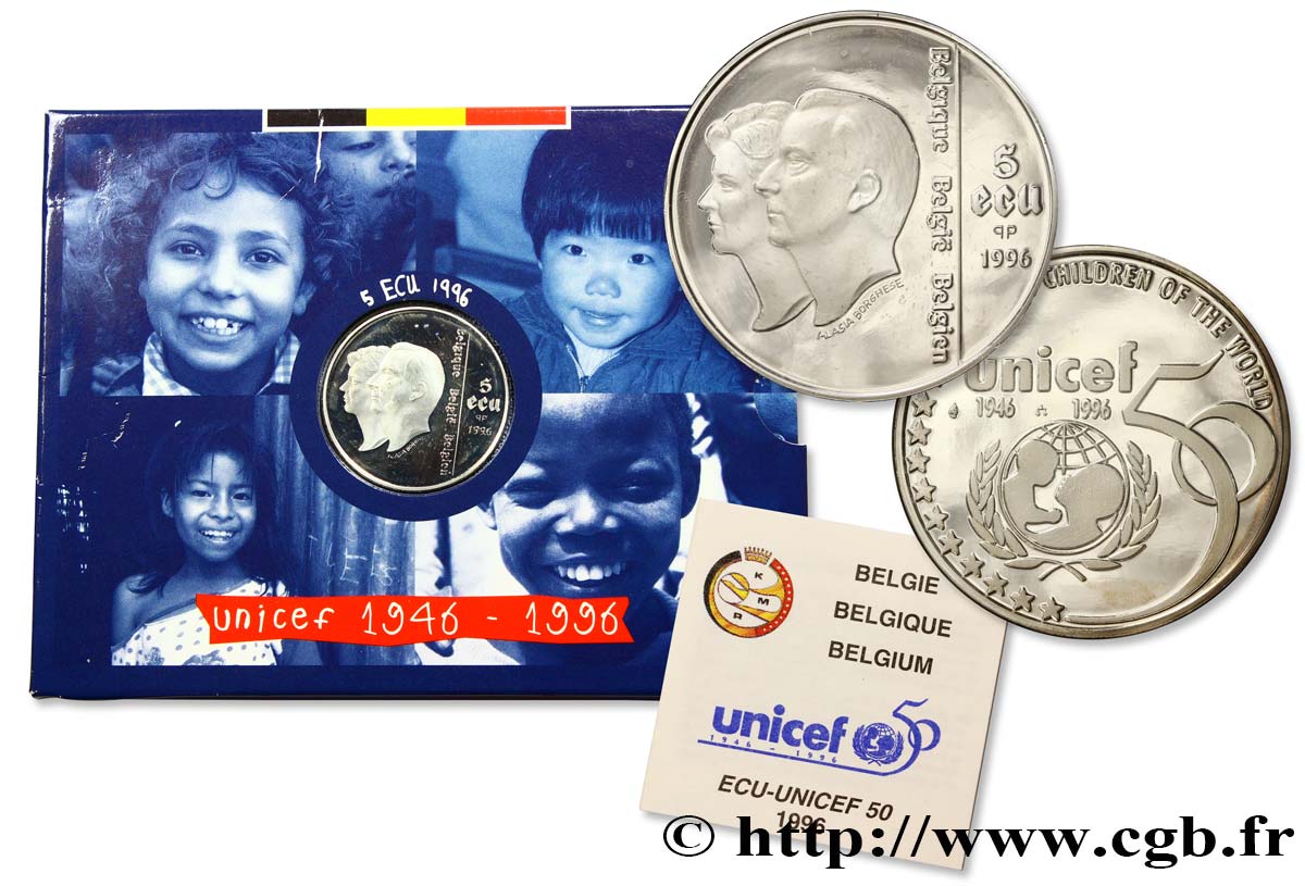 BELGIQUE 5 Ecu 50e anniversaire de l’Unicef 1996  SPL 