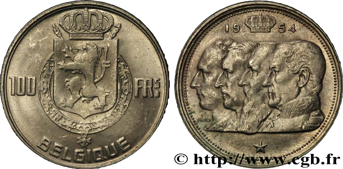 BELGIQUE 100 Francs armes au lion / portraits des quatre rois de Belgique, légende française 1954  TTB+ 