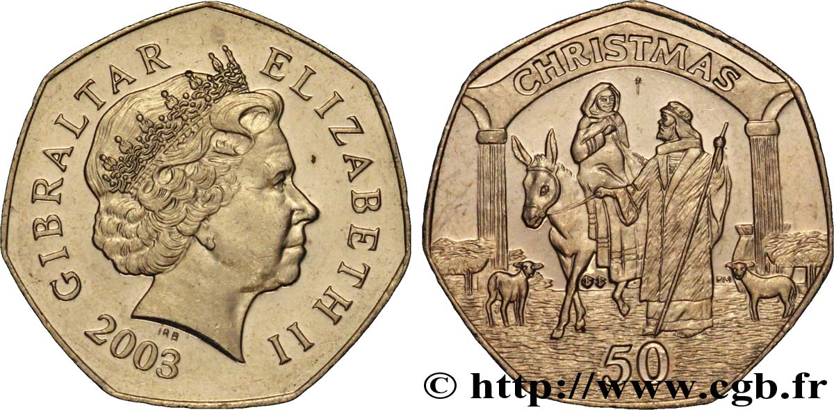 GIBRALTAR 50 Pence série de Noël : Elisabeth II / Joseph et Marie 2003  SUP 