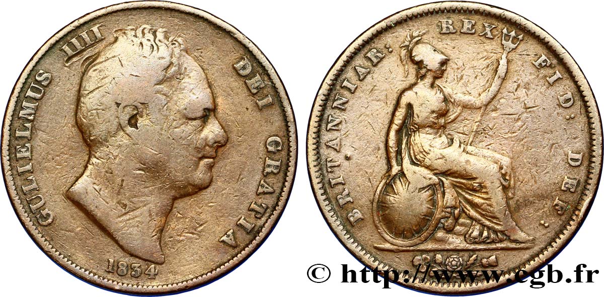 UNITED KINGDOM 1 Penny Guillaume IV / Britannia 1834  VF 