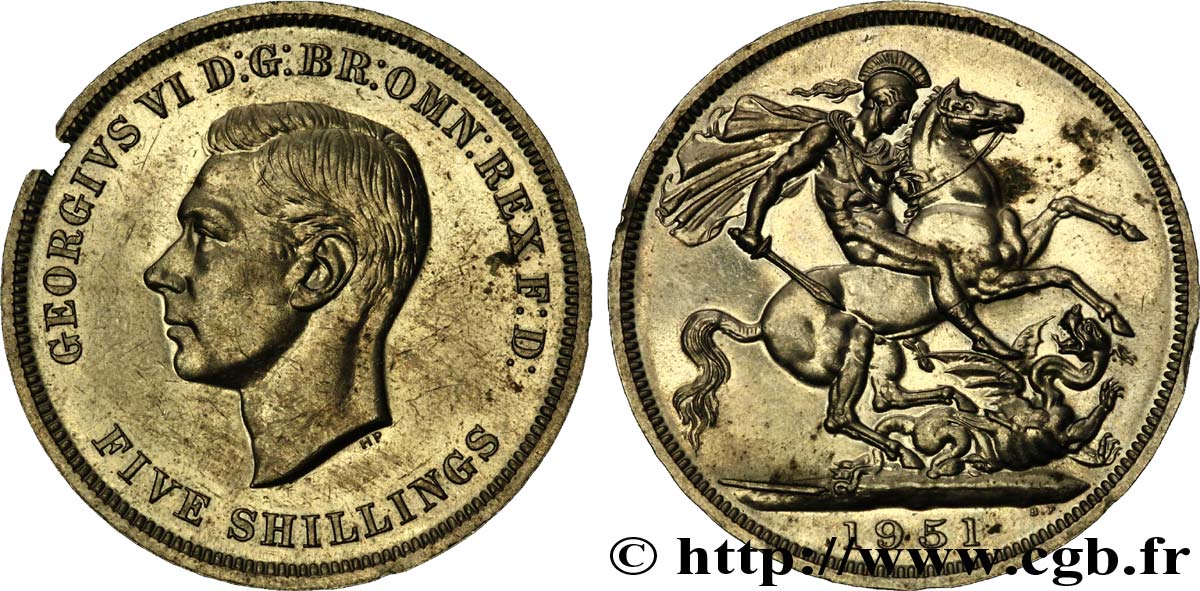 ROYAUME-UNI 1 Crown (5 Shillings) Georges VI / St Georges terrassant le dragon 1951  SUP 