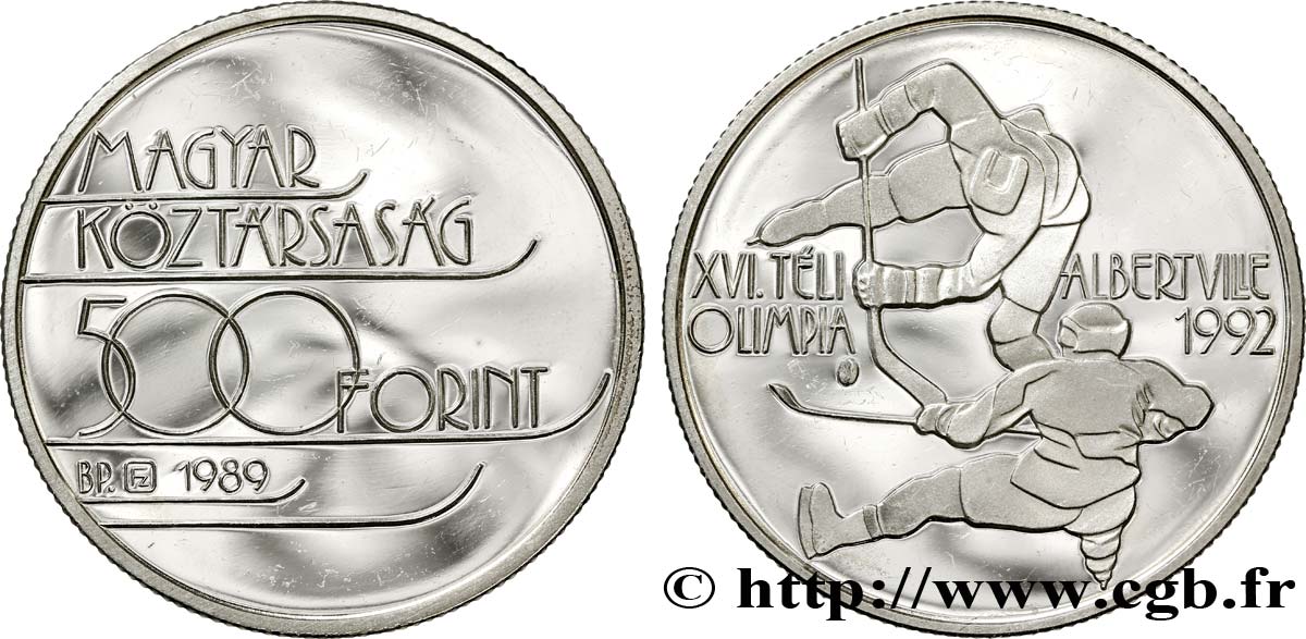 HONGRIE 500 Forint Proof XVIe Jeux Olympiques d’hiver Albertville 1992 / hockeyeurs 1989 Budapest SUP 