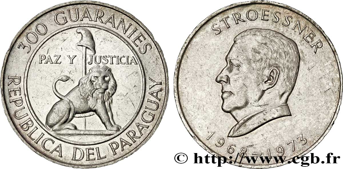PARAGUAY 300 Guaranies 4e mandat du président Stroessner 1968  TTB+ 