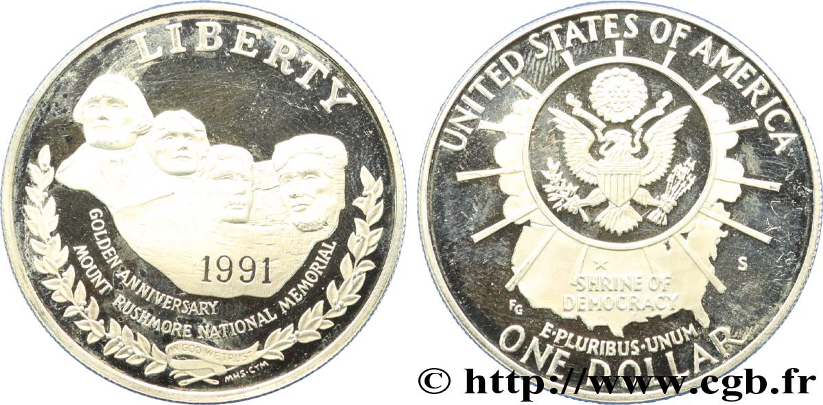 ÉTATS-UNIS D AMÉRIQUE 1 Dollar Proof 50e anniversaire du Mont Rushmore 1991 San Francisco - S SUP 