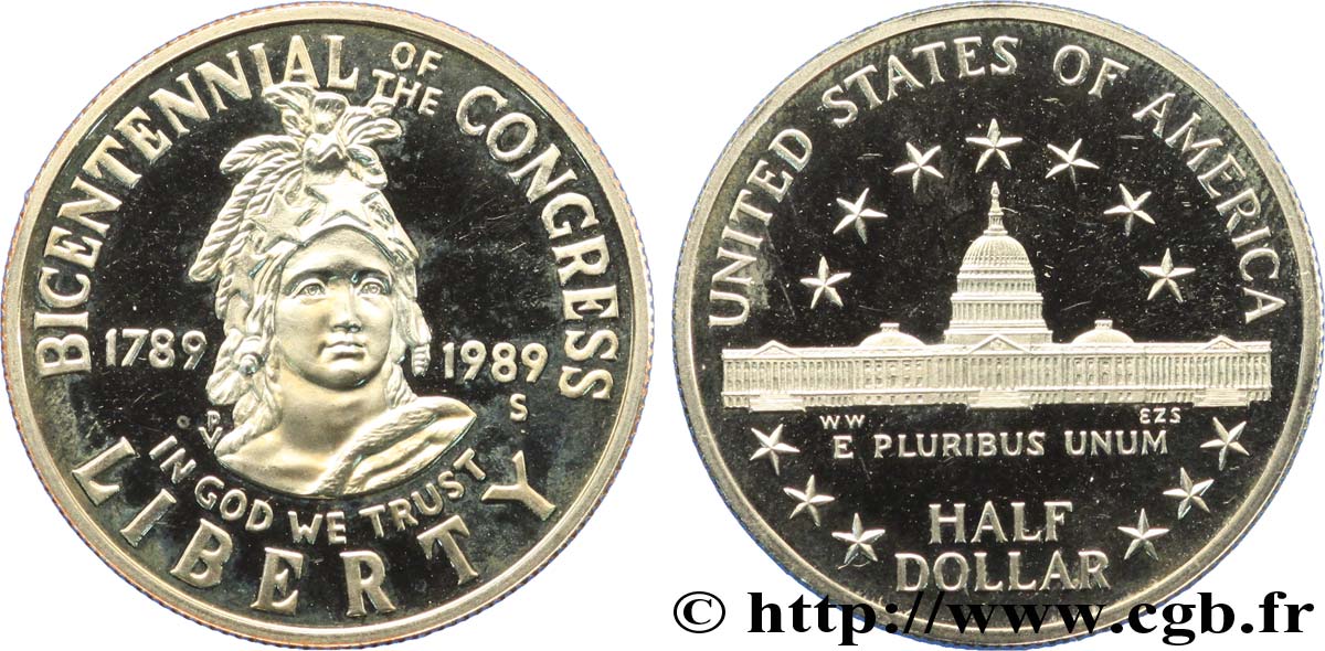 ÉTATS-UNIS D AMÉRIQUE 1/2 Dollar Proof bicentennaire du Congrès buste de la Liberté / bâtiment du Capitole 1989 San Francisco - S SUP 
