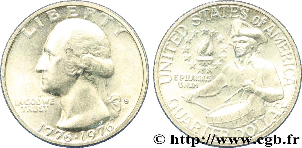 ÉTATS-UNIS D AMÉRIQUE 1/4 Dollar Bicentenaire Georges Washington / tambour 1976 San Francisco SUP 