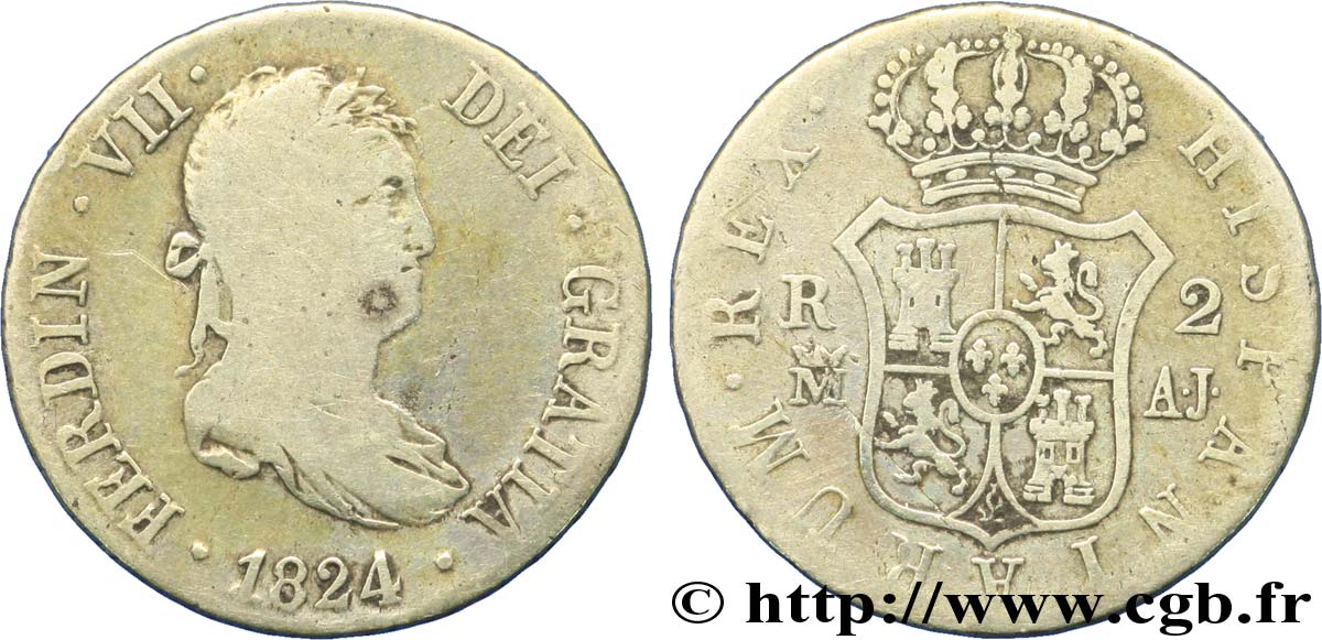 ESPAGNE 2 Reales Roi Ferdinand VII 1824 Madrid TB 