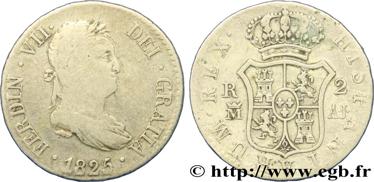 SPAGNA 2 Reales Roi Ferdinand VII 1825 Madrid MB 