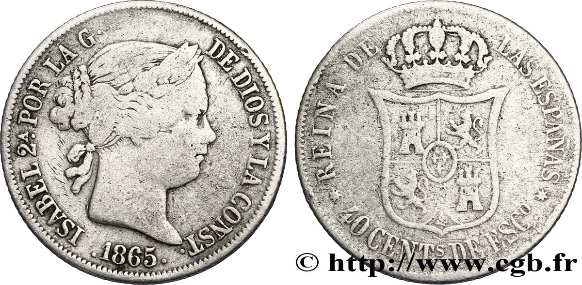 ESPAGNE 40 Centimos Isabelle II  1865 Séville TB+ 