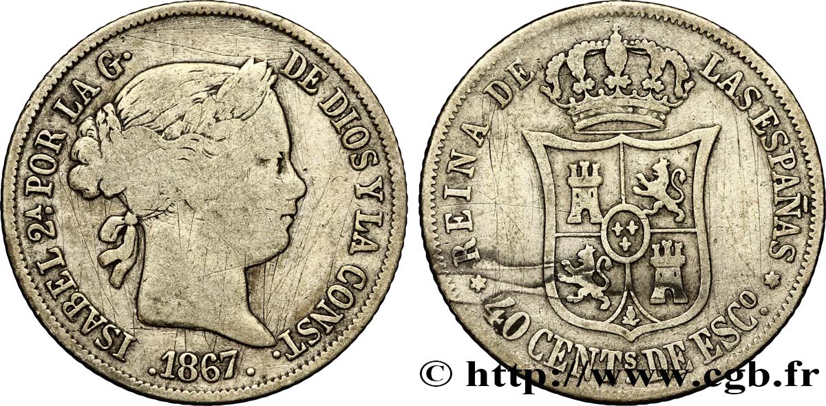 ESPAGNE 40 Centimos Isabelle II / écu couronné 1867 Madrid TB 