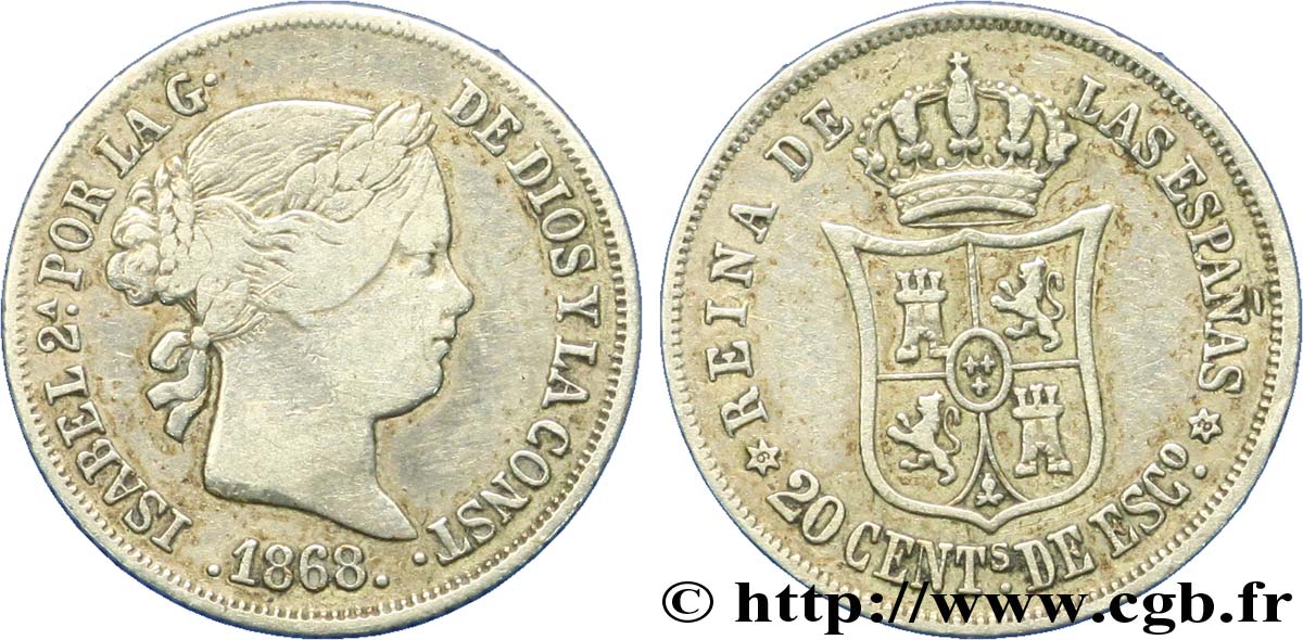 ESPAGNE 20 Centimos Isabelle II  1868 Madrid TTB 