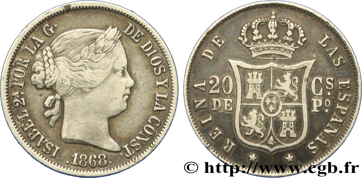 PHILIPPINES 20 Centimos de Peso Isabelle II 1868 Manille TTB 