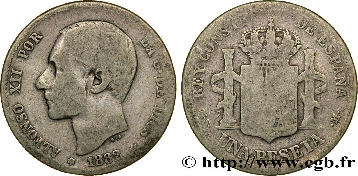 ESPAÑA 1 Peseta Alphonse XII  / emblème couronné 1882 Madrid RC 