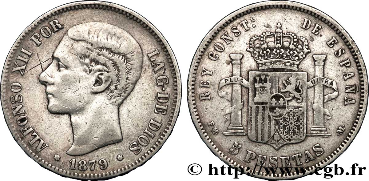 ESPAGNE 5 Pesetas Alphonse XII / emblème couronné (1879) E.M. - .M. 1879 Madrid TB+ 